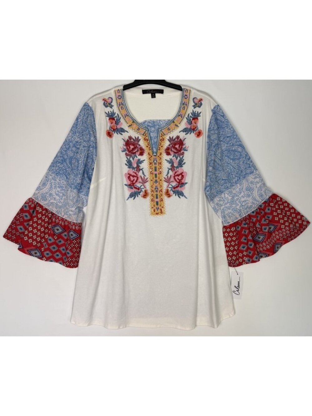 Calessa Embroidered Tunic Top Womens Large White Multi Bell Sleeve Paisley NWT